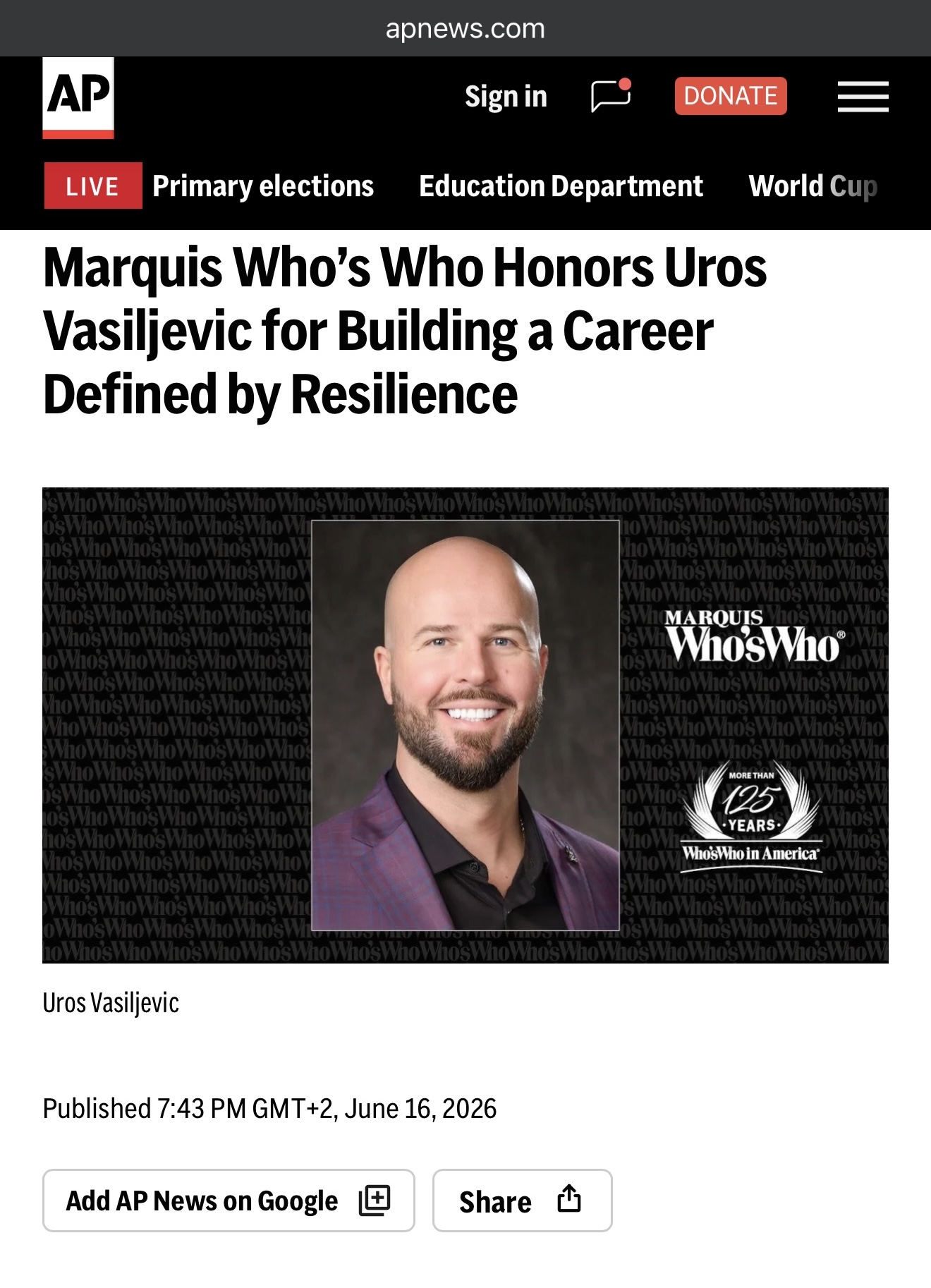 Uros Vasiljevic featured on the Associated Press